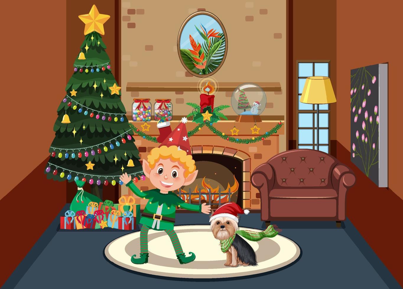 kerstthema met elf en hond vector
