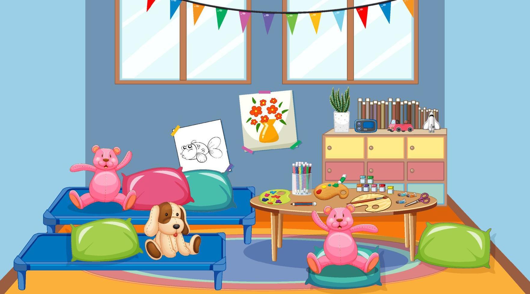 leeg kleuterklasinterieur met veel kinderspeelgoed vector