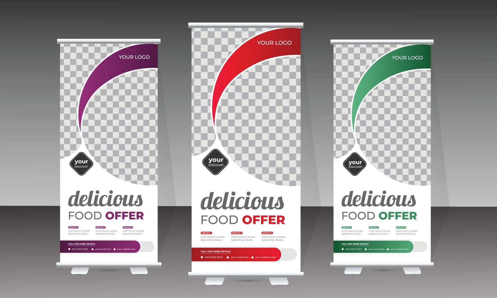 voedsel roll-up banner en heerlijk eten menu ontwerpsjabloon vector