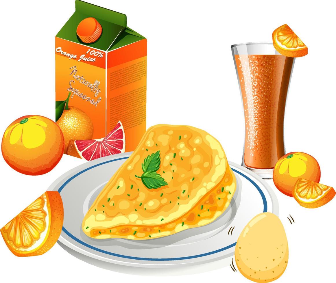 ontbijtset met omelet en sinaasappelsap vector