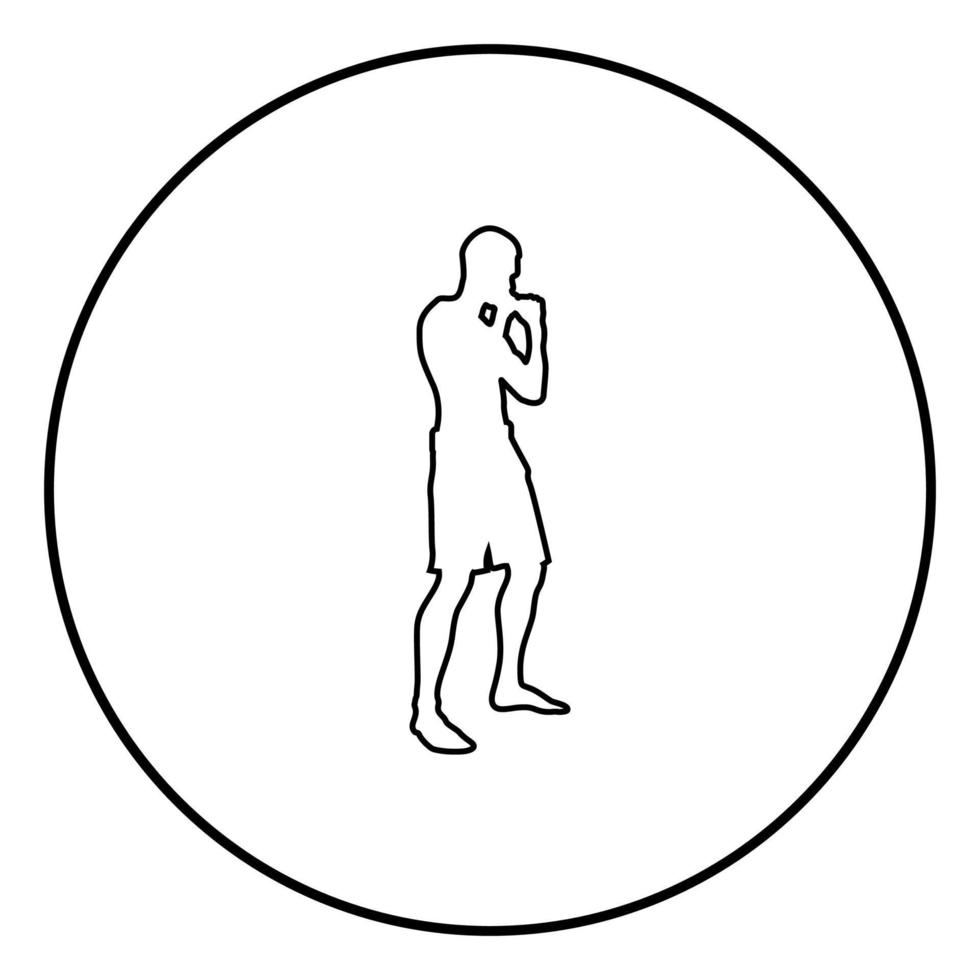 vechter in het bestrijden van houding man doet oefeningen sport actie man training silhouet zijaanzicht pictogram zwarte kleur illustratie in cirkel round vector