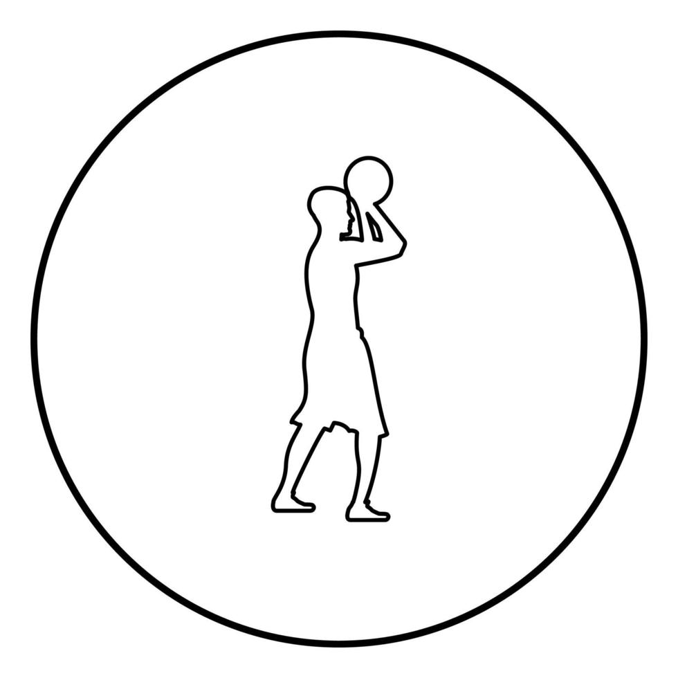 basketbalspeler gooit een basketbal man schieten bal zijaanzicht pictogram zwarte kleur illustratie in cirkel ronde vector