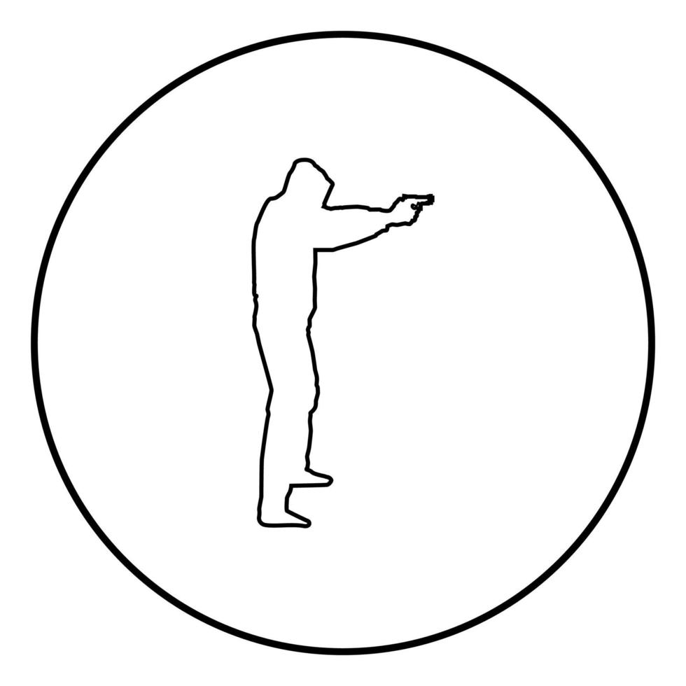 man in de kap met pistool concept gevaar uitgestrekte armen pictogram zwarte kleur illustratie in cirkel round vector