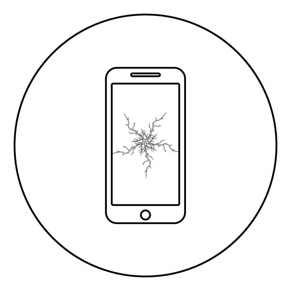 smartphone met crash touchscreen pictogram in cirkel ronde omtrek zwarte kleur vector illustratie vlakke stijl afbeelding