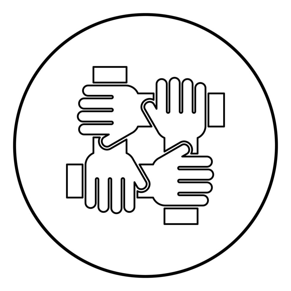vier hand die samen teamwerkconcept pictogram zwarte kleur in cirkelronde houdt vector