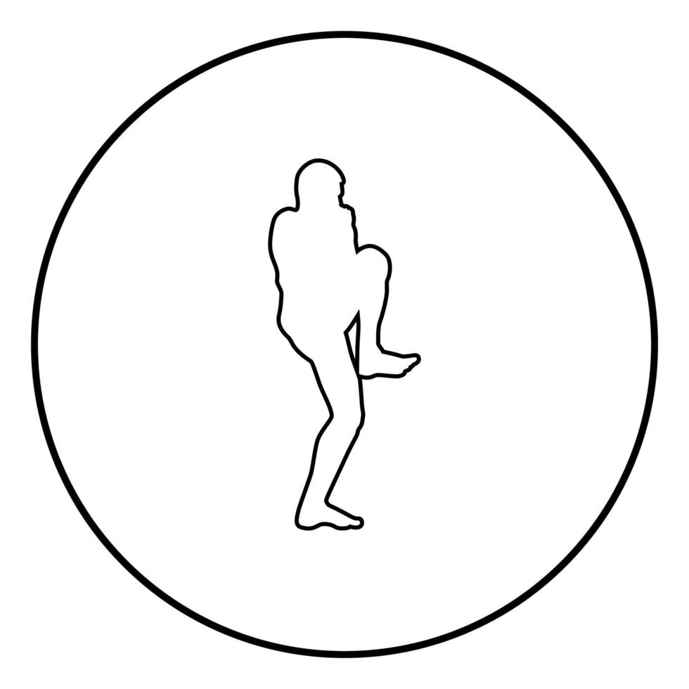 vechter in vechthouding met opgeheven been man doet oefeningen sport actie man training silhouet zijaanzicht pictogram zwart kleurin cirkel rond vector