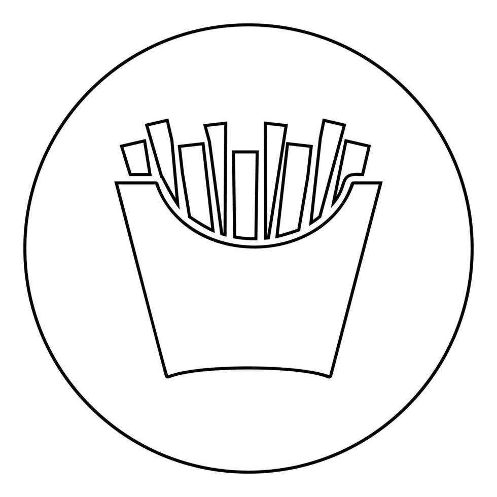 Franse frietjes in pakket gebakken aardappelen in papieren zak fastfood in emmer vak snack concept pictogram in cirkel ronde overzicht zwarte kleur vector illustratie vlakke stijl afbeelding