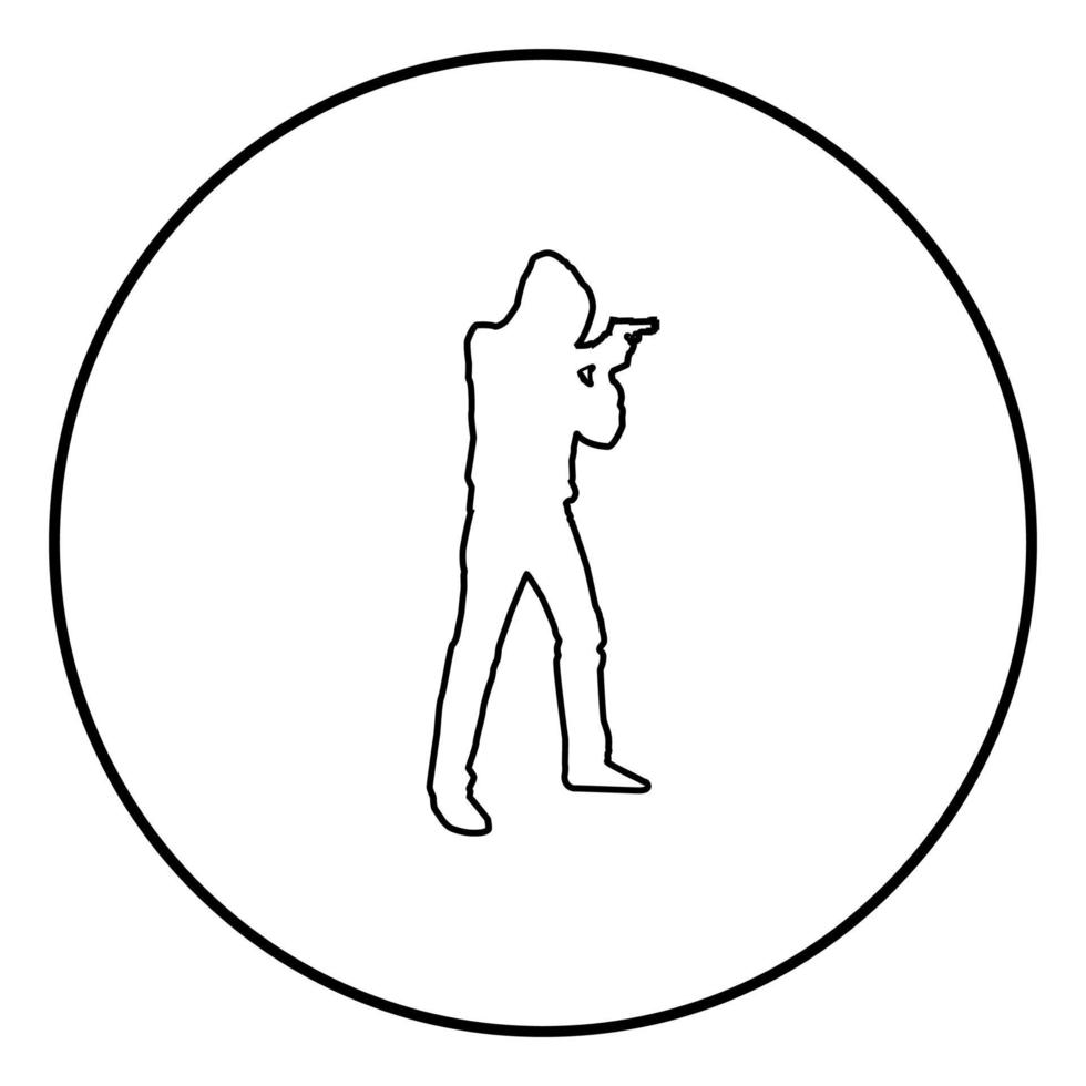 man in de kap met pistool concept gevaar korte arm pictogram zwarte kleur illustratie in cirkel round vector