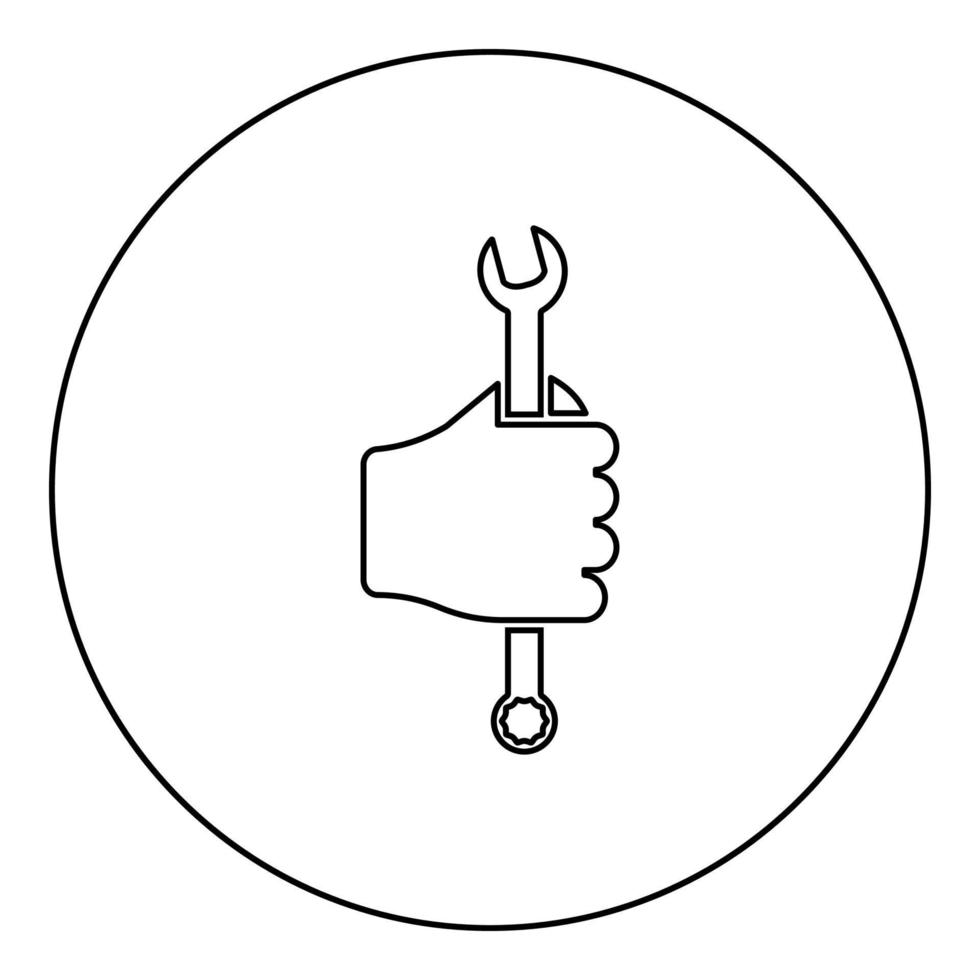 moersleutel zeshoek in de hand gereedschap in gebruik arm spanner monteur ingenieur instrument pictogram in cirkel ronde zwarte kleur vector illustratie solide overzicht stijl afbeelding