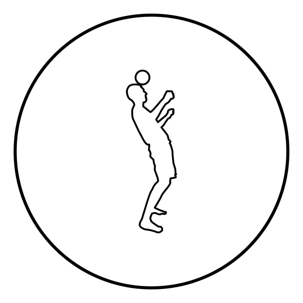 man trapt de bal op het hoofd. voetballer tikt bal met zijn hoofd voetbal concept jongleren truc met bal pictogram overzicht zwarte kleur vector in cirkel ronde illustratie vlakke stijl afbeelding