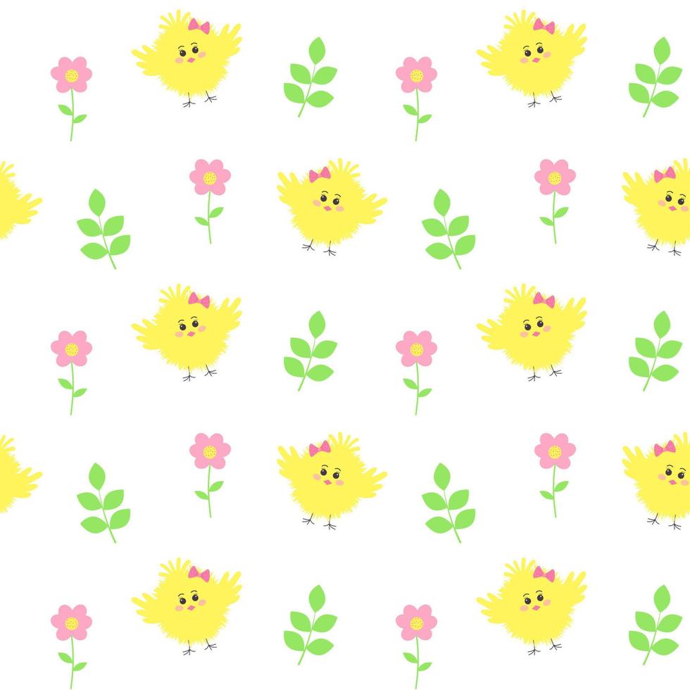 naadloos patroon met schattige pluizige kippenbaby, bloemen en twijgen. vector