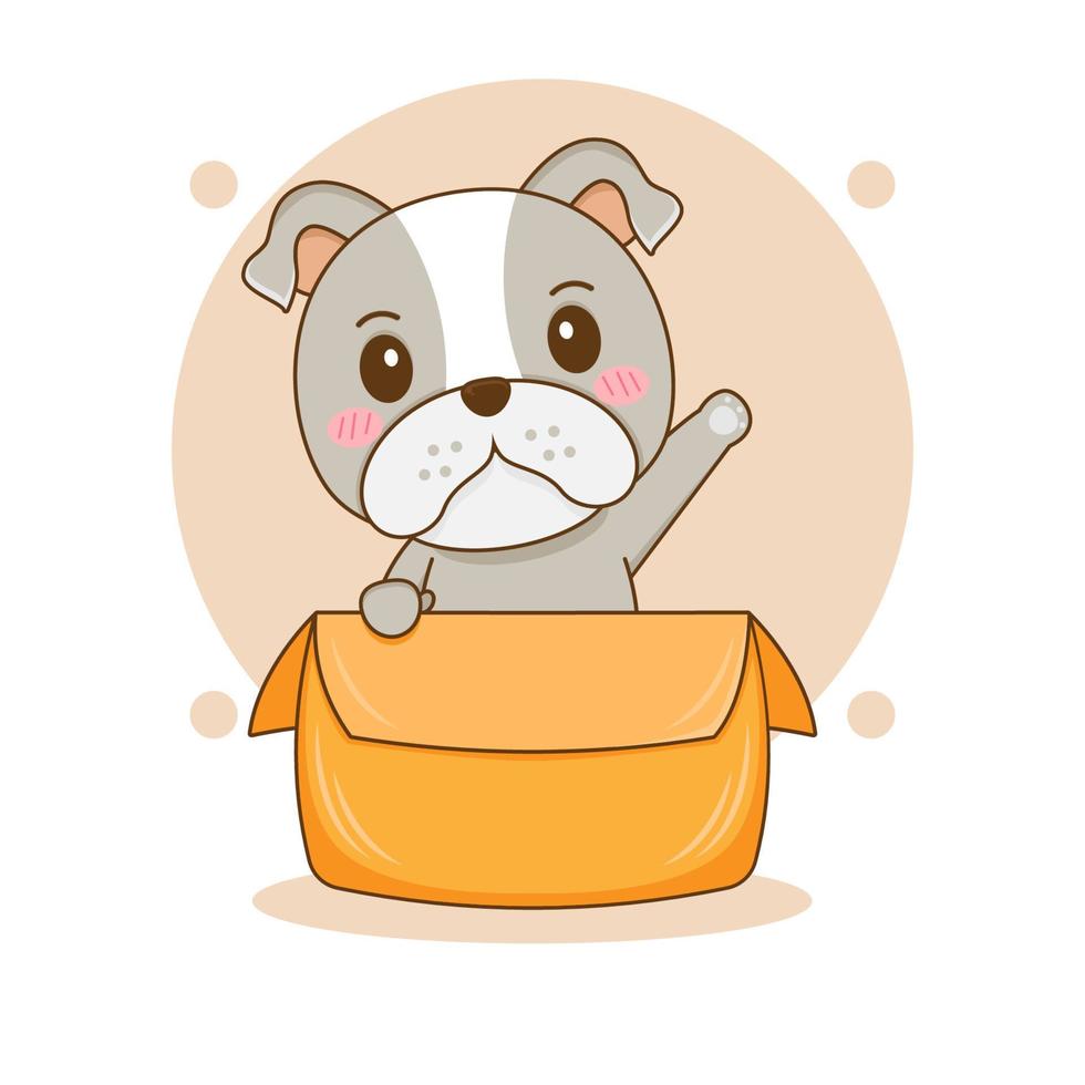 schattige bulldog spelen in doos stripfiguur illustratie vector