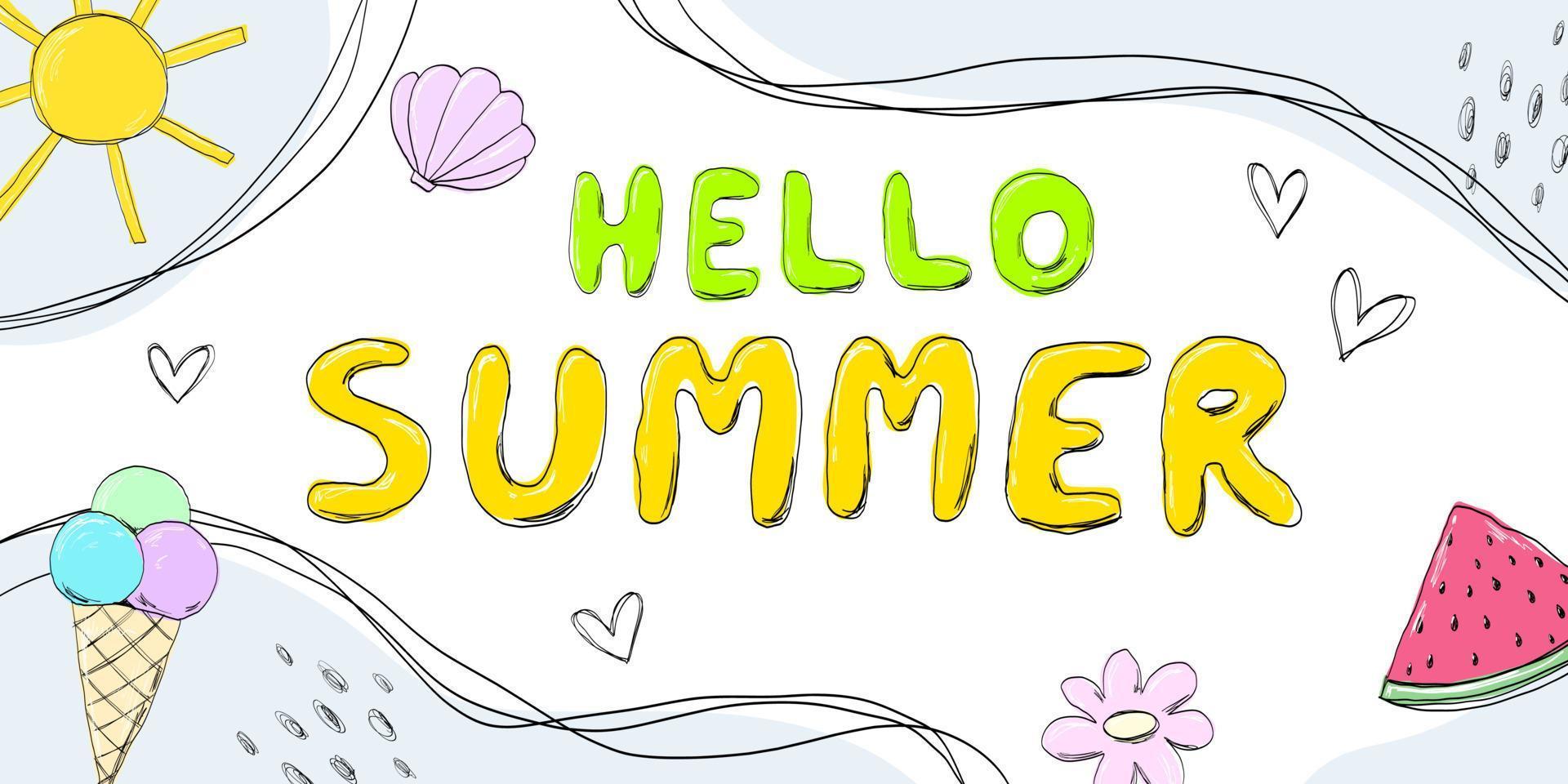 hallo zomer spandoek, poster, behang. seizoen weekend, vakantie tijd. vector geïsoleerde illustratie met tekst, watermeloen, ijs, abstractie, harten.