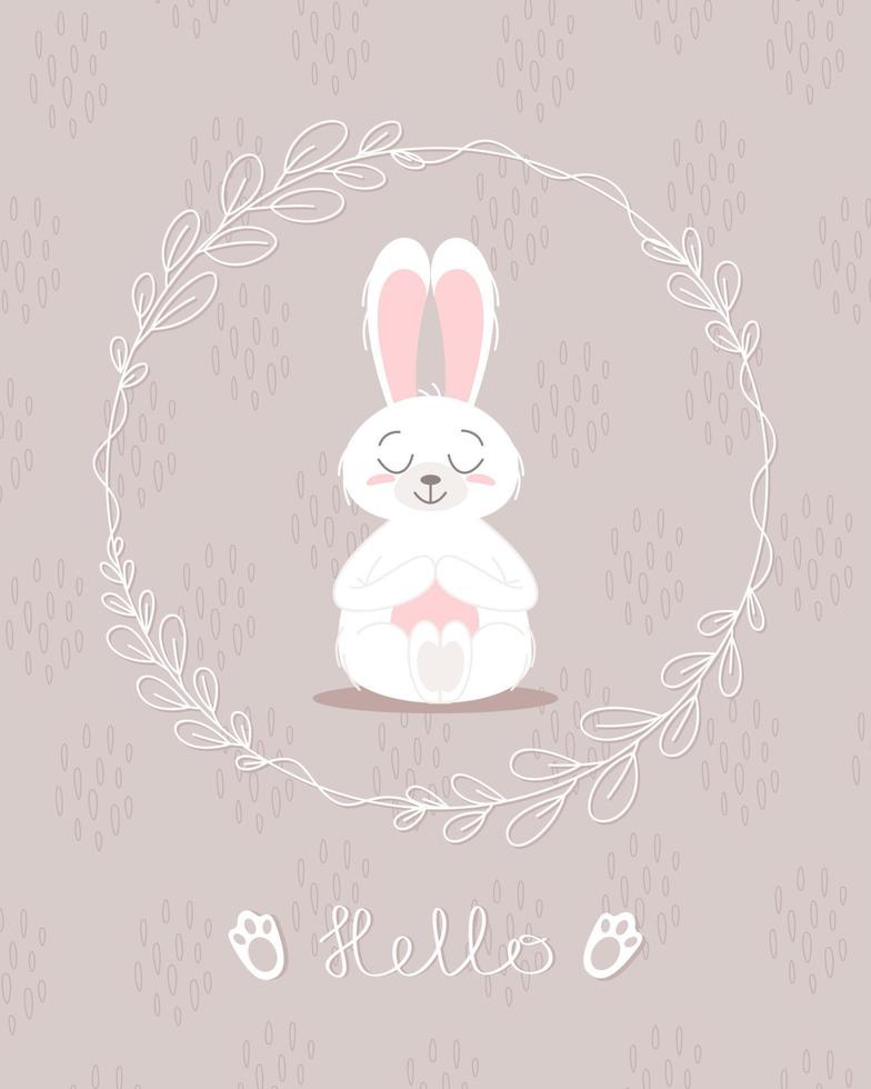 schattig konijntje, baby en kinderen concept. vrolijk pasen konijnen verschillende poses stripfiguren. kaart met schattig konijntje. konijntje met bloemen bladeren. ontwerp voor baby, kinderposter, kaart, uitnodiging. vector