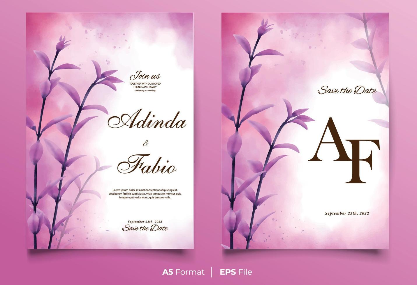 aquarel bruiloft uitnodiging sjabloon met paarse bloem ornament vector