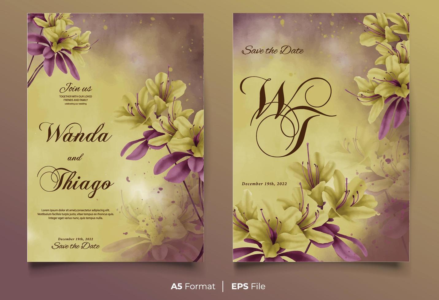 aquarel bruiloft uitnodiging sjabloon met gele en paarse bloem ornament vector