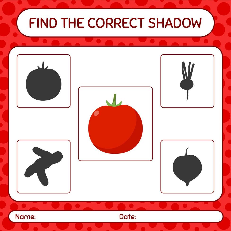 vind het juiste schaduwspel met tomaat. werkblad voor kleuters, activiteitenblad voor kinderen vector