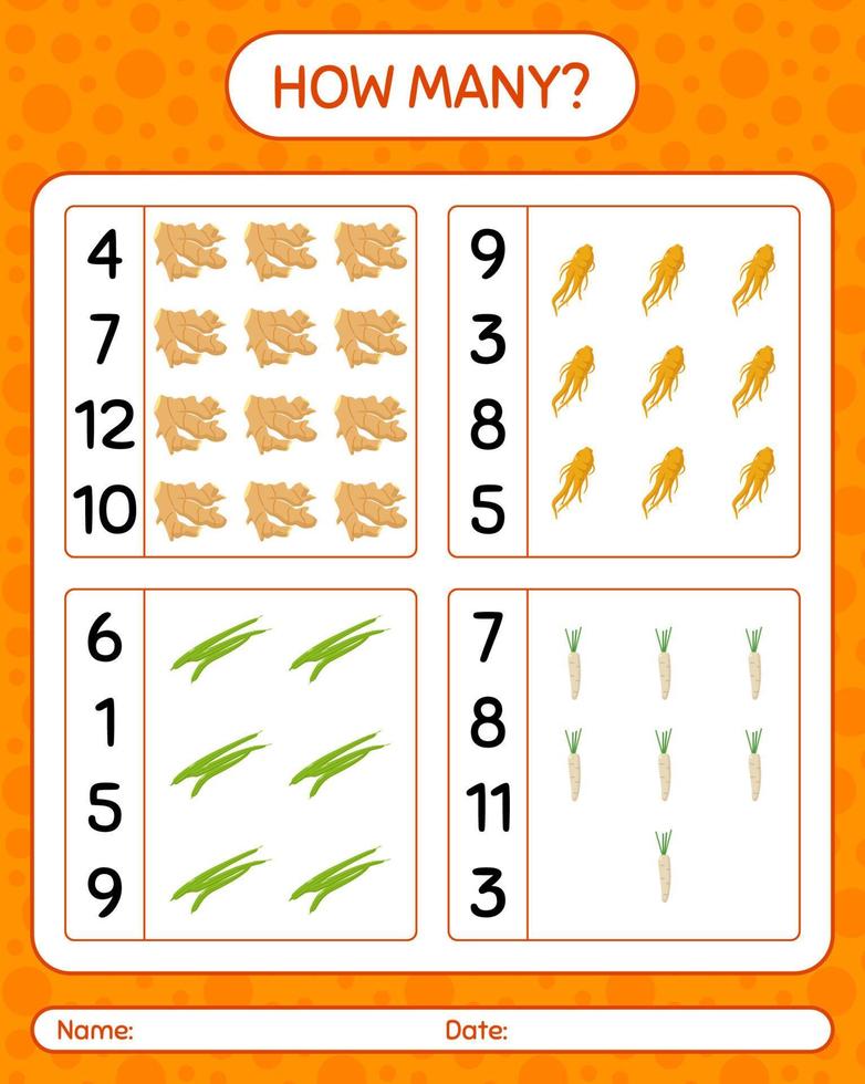 hoeveel telspel met groenten. werkblad voor kleuters, activiteitenblad voor kinderen, afdrukbaar werkblad vector