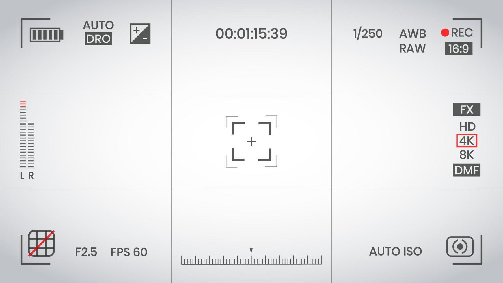camera zoeker video of foto frame recorder vlakke stijl ontwerp vectorillustratie. digitale camerazoeker met belichtingsinstellingen en scherpstelrastersjabloon. vector