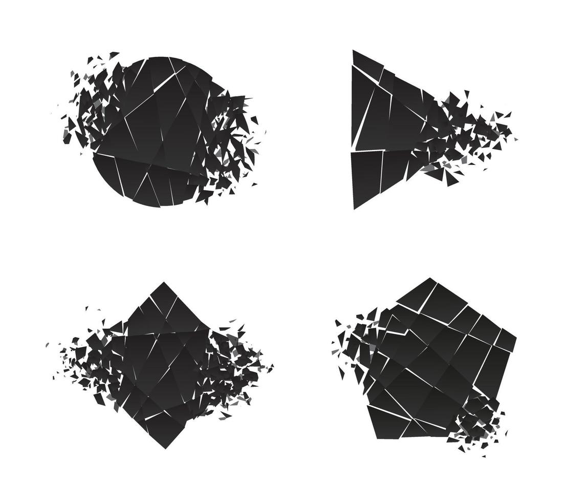 vorm explosie gebroken verbrijzeld vlakke stijl ontwerp vector illustratie set