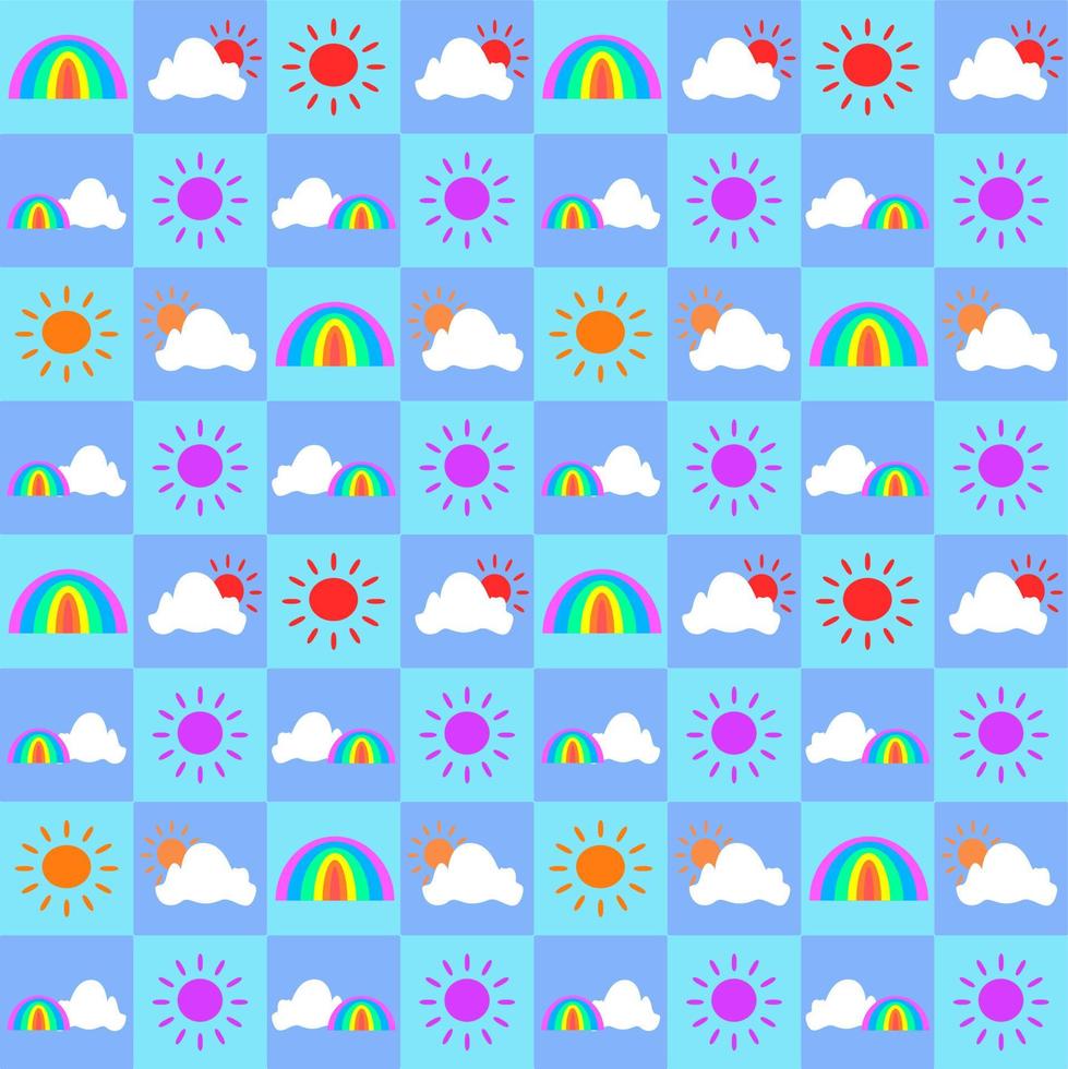 schattig naadloos tegelpatroon, vectorontwerp. blauwe toonachtergrond met zon, wolk en regenboog in dozen... voor gebruik als papier, doek, textieldruk industrieel. vector