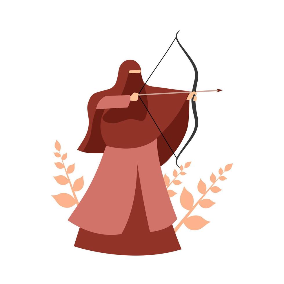 vectorillustratie van een arabische moslimvrouw die een niqab draagt, boogschieten doet. vector