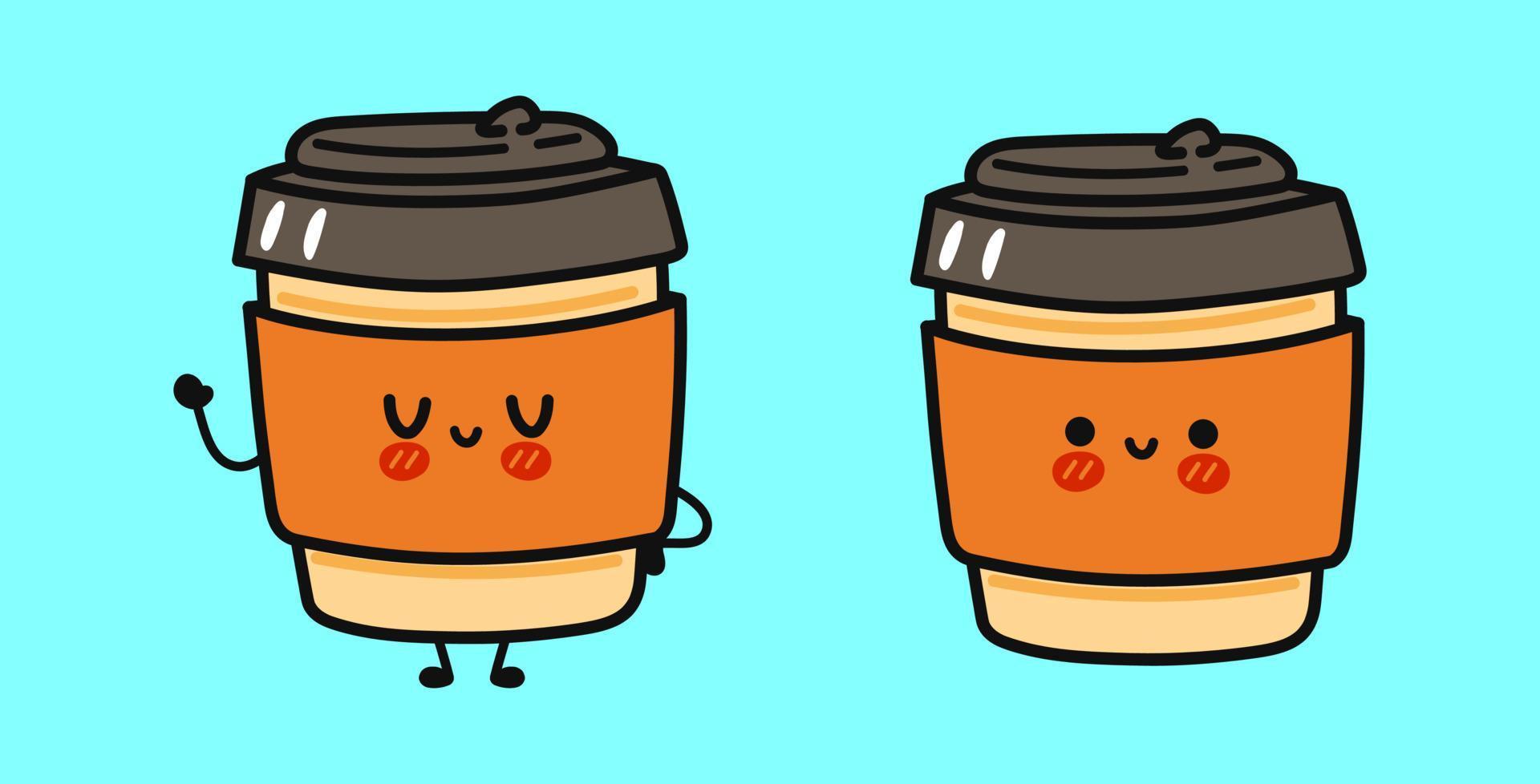 grappige leuke vrolijke koffie papieren beker karakters bundel set. vector hand getekend cartoon kawaii karakter illustratie pictogram. geïsoleerd op een witte achtergrond. schattige koffie papieren beker mascotte karakter collectie