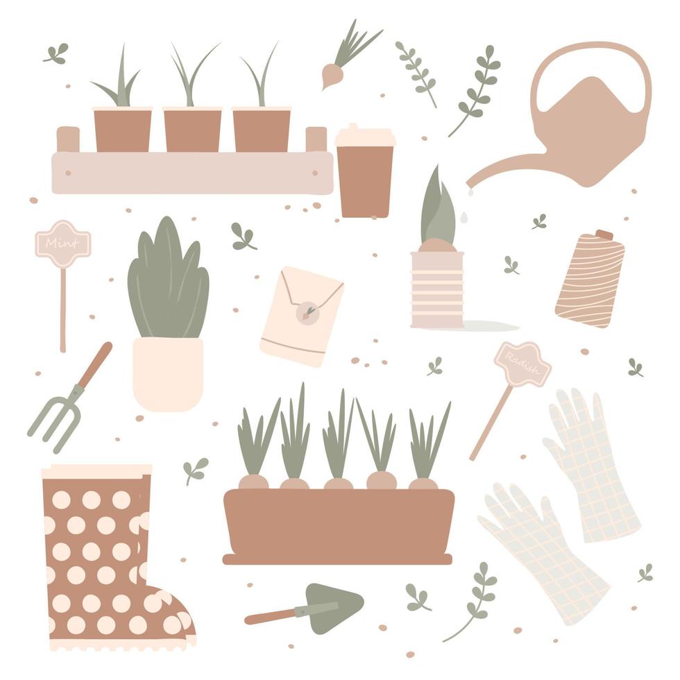 vectorillustratie van tuinieren elementen spade, hooivork, planten, gieter, gras, bloemen, tuinhandschoenen, rubberen laarzen, zaden en nul afval. lentetijd vector