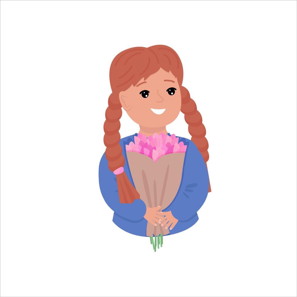 schattig klein meisje jongen bedrijf tulp bloemen. kind meisje genieten van bloem aroma geur. vlakke stijl vectorillustratie geïsoleerd op een witte achtergrond. vector