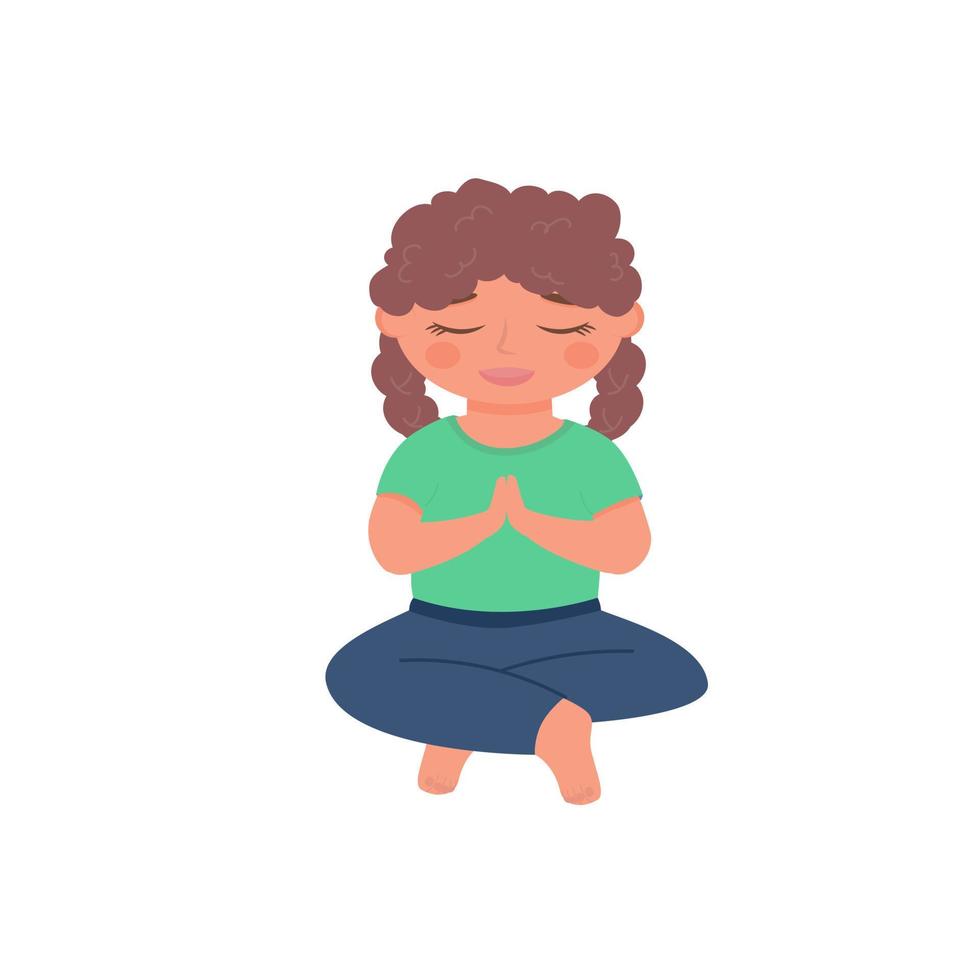 schattig meisje kind met krullend haar mediteren in lotus houding. yoga kind concept. vectorillustratie geïsoleerd op een witte achtergrond. vector