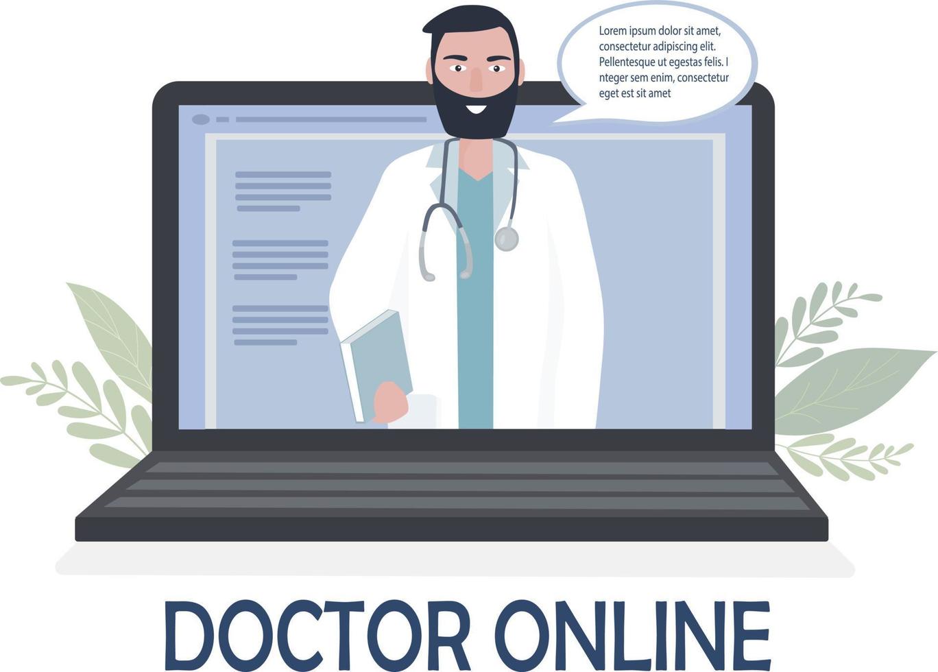een arts met een stethoscoop op een laptopscherm praat online met een patiënt. medische consultaties, examens, behandelingen, diensten, gezondheidszorg, online conferentie. voor kliniek website, app vector