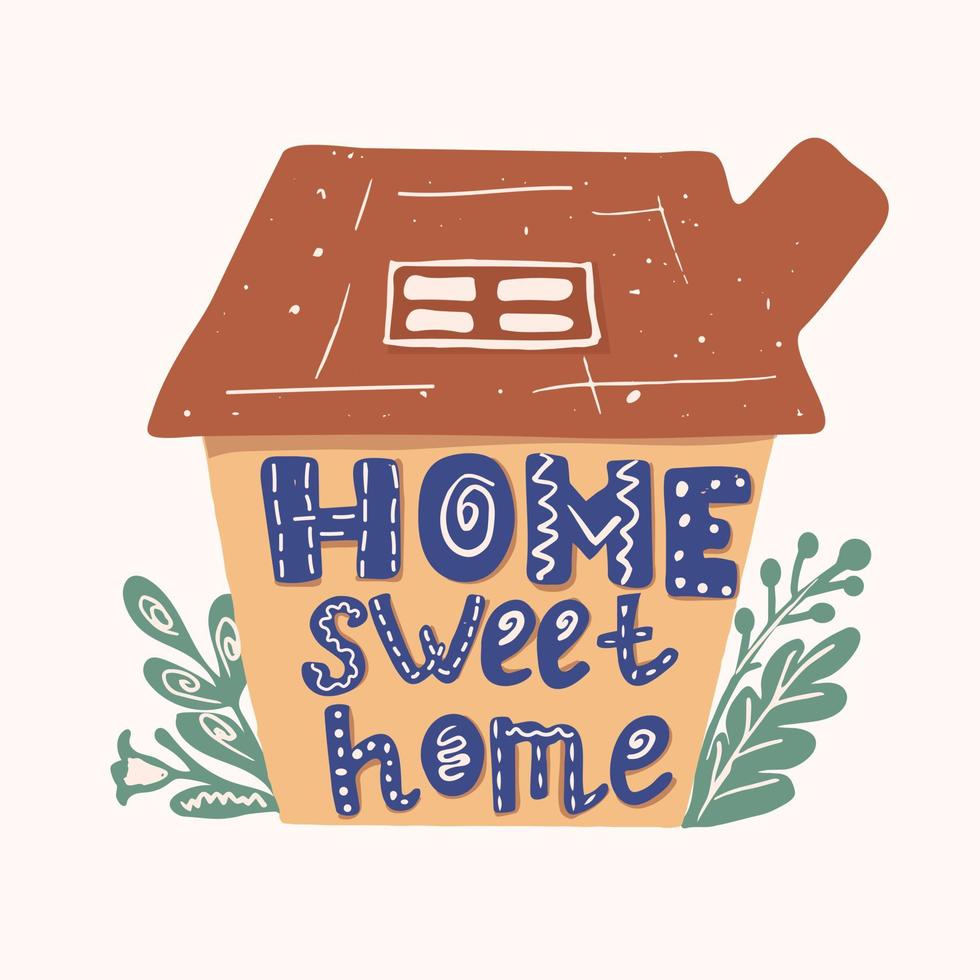 handgeschreven inscriptie in het Engels. belettering - home sweet home. op de achtergrond van een kleine koevoet met een pijp en botanische elementen. vector