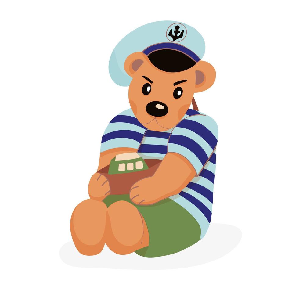 karakter teddybeer in een gestreepte zee coltrui en pet met een anker. in de handen van de speelgoedboot. schattig dier vector