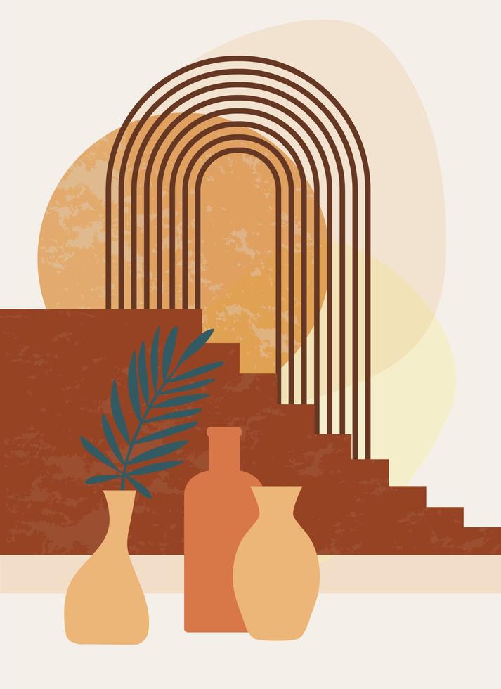 moderne abstracte compositie. minimalistische boho-stijl poster. keramische vazen, palmblad, regenboog. natuurlijke boog van lijnen en zonnecirkel. terracotta kleuren. muurafdruk voor woondecoratie vector