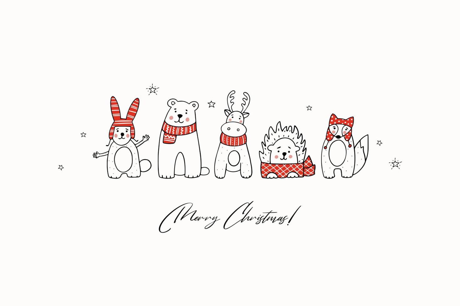 kerstwenskaart met gestileerde dieren in winterkleren. hand getekend vector