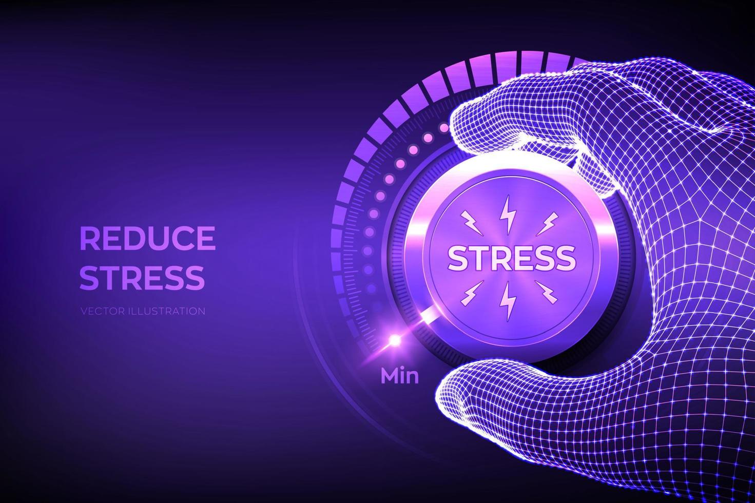 stress niveaus knop knop. wireframe-hand die een stressniveauknop naar de minimumpositie draait. concept van emotionele overbelasting, burn-out, vermoeiend, saai, positief, frustratie. vectorillustratie. vector
