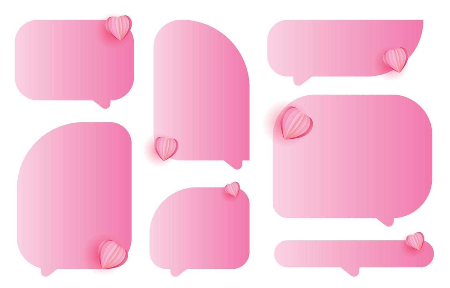 set van decoratieve roze tekstballonnen met hartjes, spreken en praten communicatie en gesprek geïsoleerd op witte vectorillustratie, Valentijnsdag concept vector