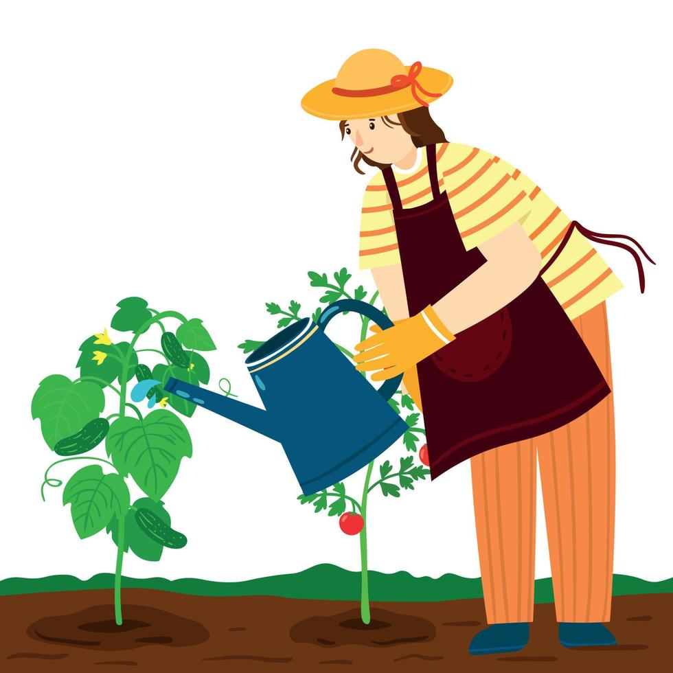 schattige vectorillustratie van gelukkige tuinman - meisje die groentezaailingen water geeft vector