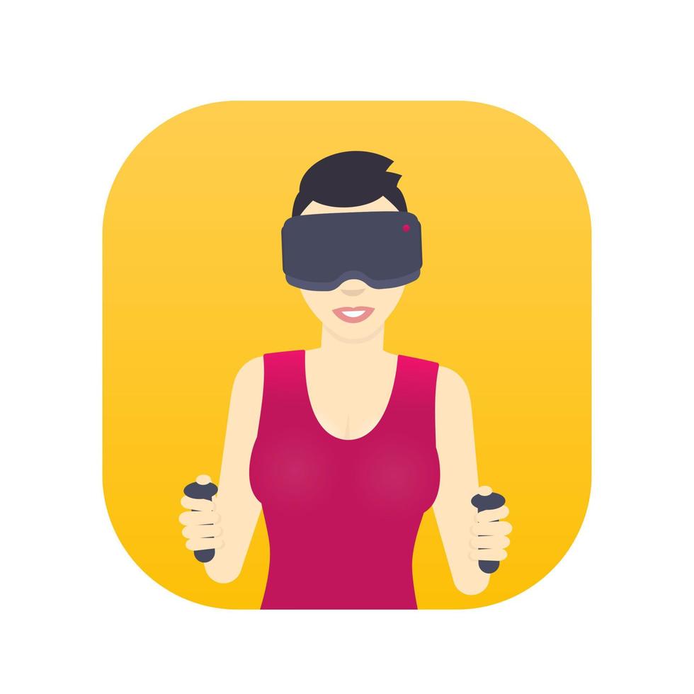 meisje in virtual reality-bril, lachende meid met kort kapsel, vrouwelijk personage in vlakke stijl vector