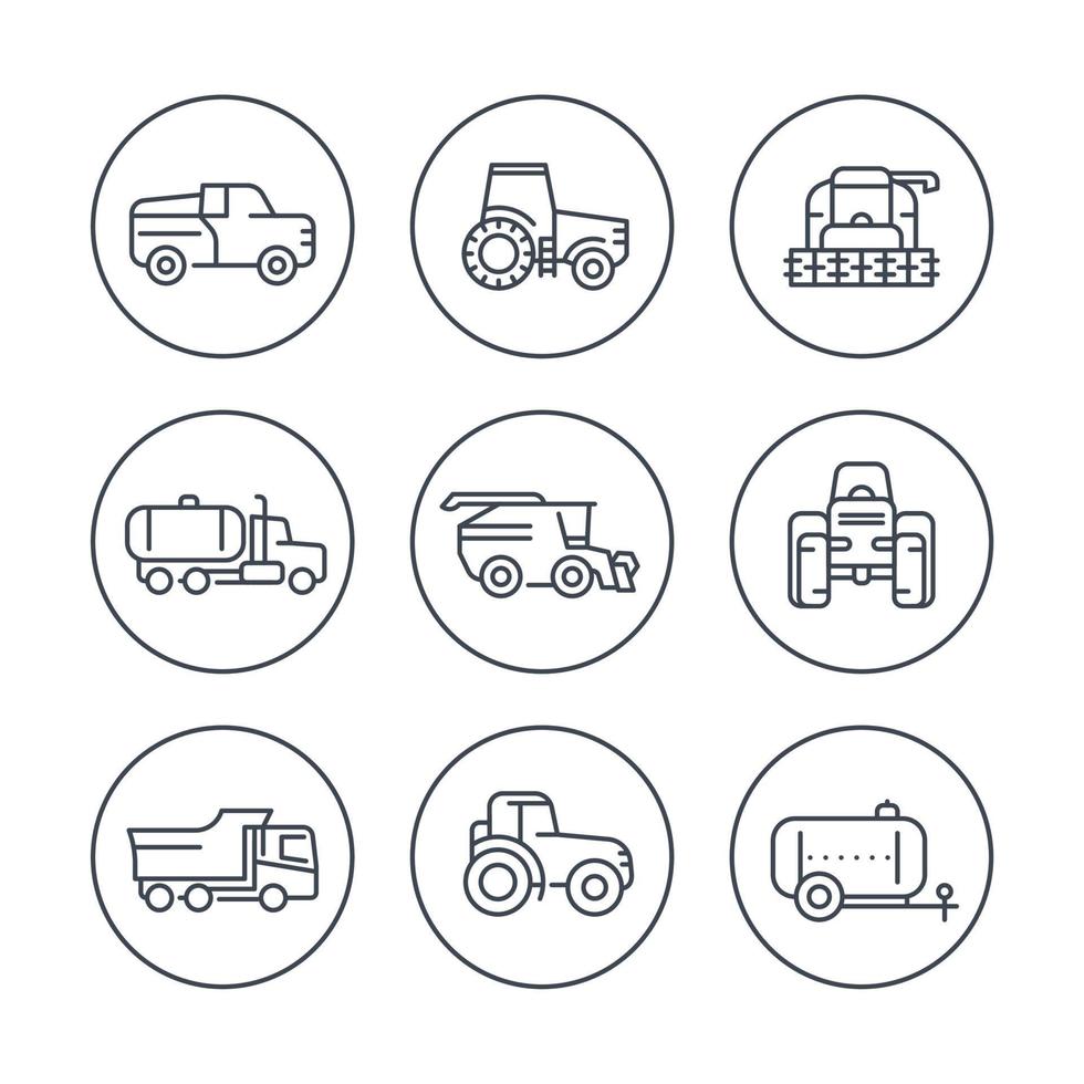 landbouwmachines lijn pictogrammen in cirkels, tractor, oogstmachine, landbouwvoertuigen, maaidorser, vrachtwagen, pick-up pictogrammen, vectorillustratie vector