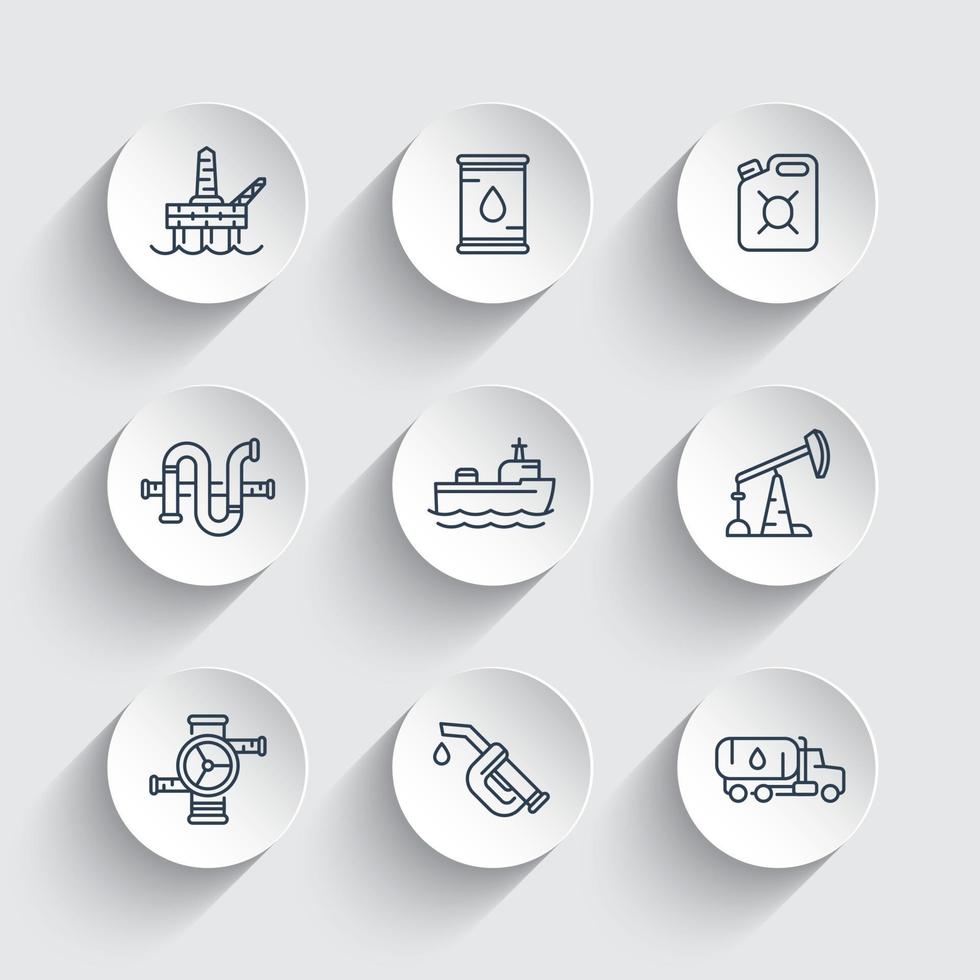 de lijnpictogrammen van de aardolieindustrie, benzinepijp, vat, olie en gasproductieplatform, benzinebus, tuig, boortoren, tankschip, vectorillustratie vector