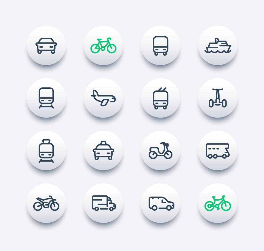 transportlijn iconen set, auto, schip, trein, vliegtuig, bestelwagen, fiets, motor, camper, bus, taxi, trolleybus, metro, openbaar vervoer vector