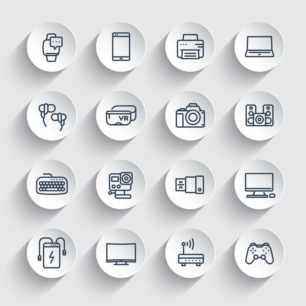 gadgets, moderne apparaten lijn iconen set, laptop, actiecamera, powerbank, smartwatch en andere elektronica vector