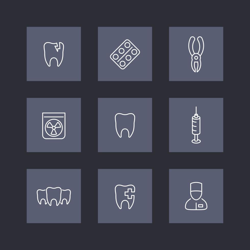 tand, tandheelkundige zorg, stomatoloog, tandverzorging, stomatologie, lijnpictogrammen op vierkanten, vectorillustratie vector