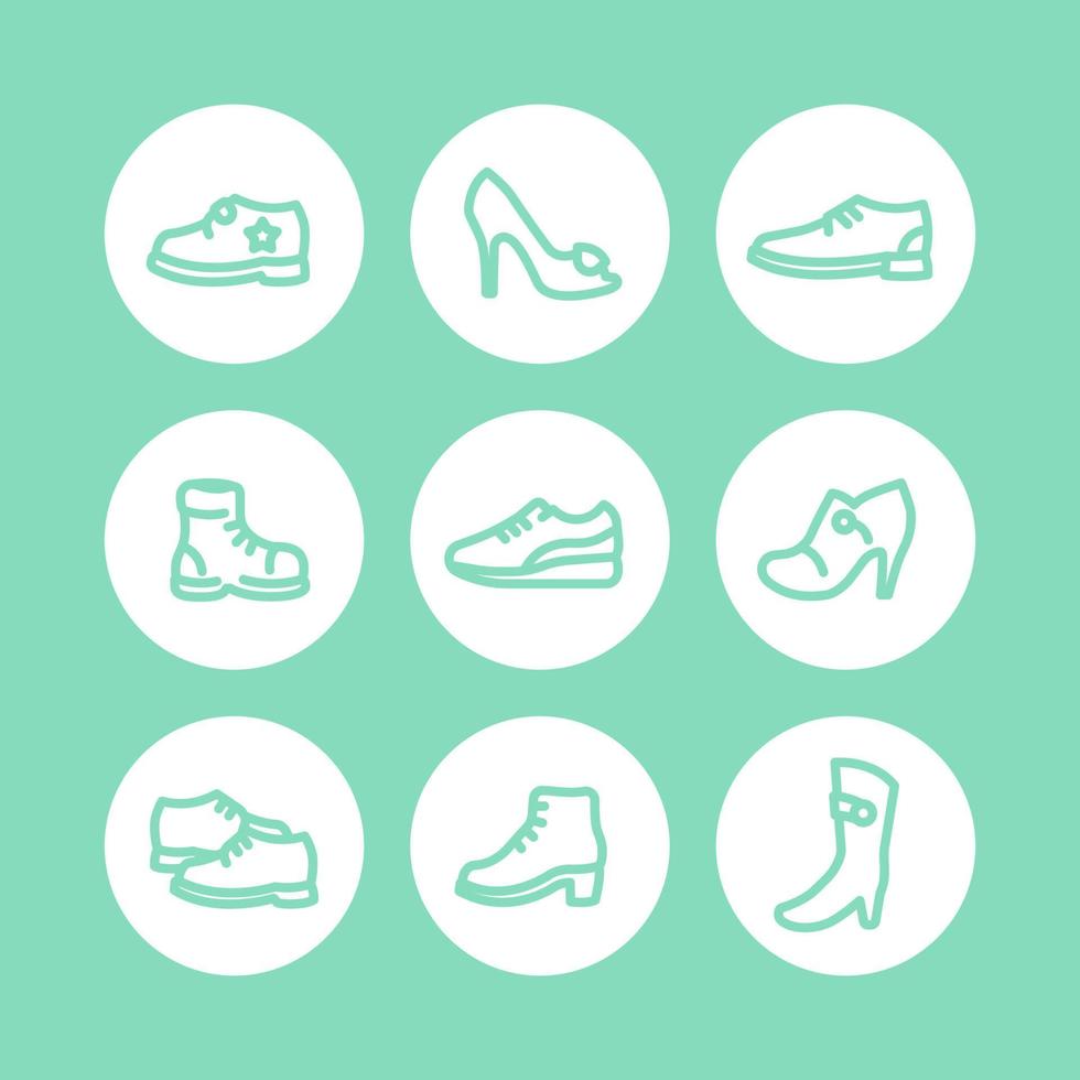 schoenen pictogrammen, hakken, laarzen, sportschoenen, trainers geïsoleerde dikke lijn pictogrammen, vectorillustratie vector