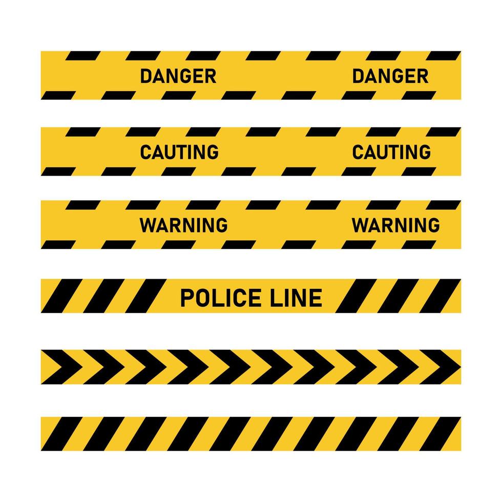 politie tape set. geel en zwart lintgevaar, waarschuwing, voorzichtigheid, alert, aandacht. vector illustratie