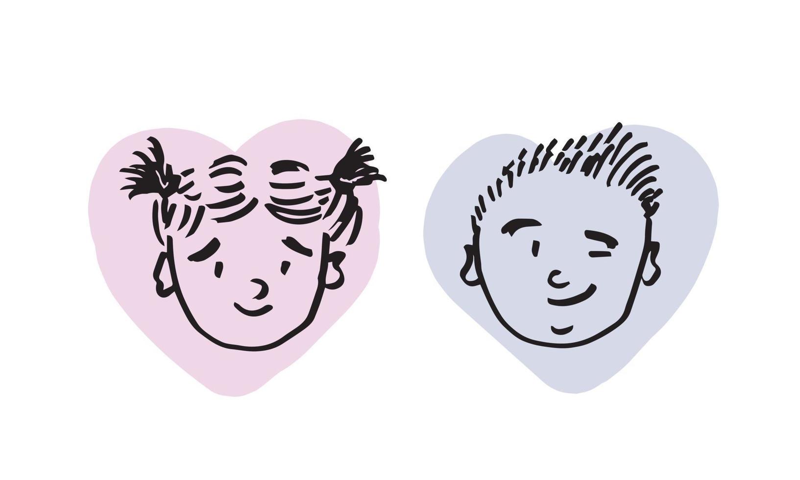 kinderen gezichten schets. meisje en jongen doodle stijl. stripfiguren op een witte achtergrond. vector illustratie