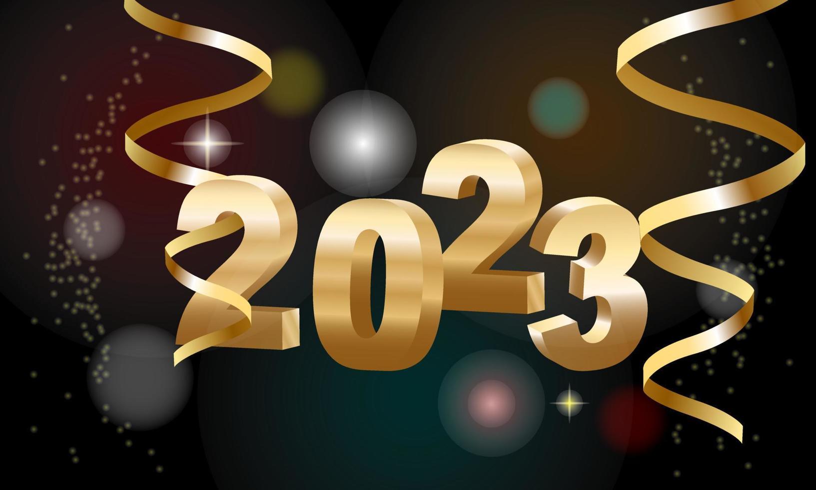 gelukkig nieuwjaar 2023. hangende gouden 3D-nummers met linten en confetti op een intreepupil kleurrijke, bokeh achtergrond. vector