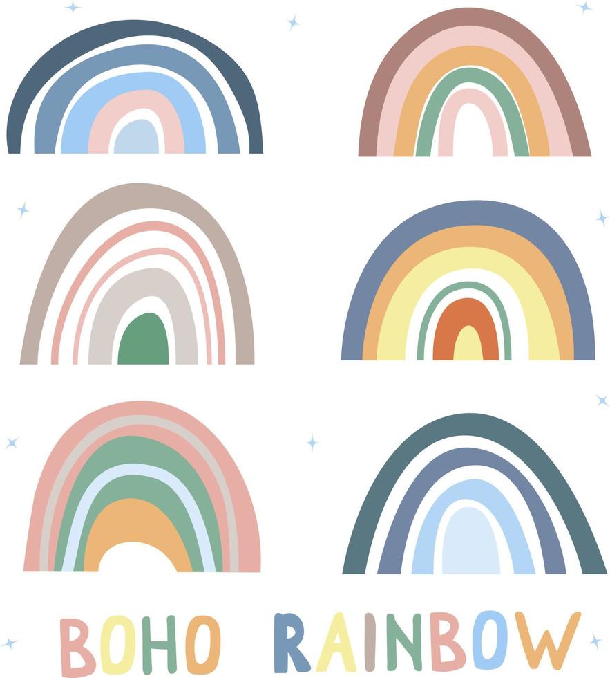 regenboogcollectie in boho-stijl, pastelkleuren. abstracte handgetekende prints. minimalistische Scandinavische regenboog van kleurrijke eenvoudige lijnen. romantisch ontwerp vector