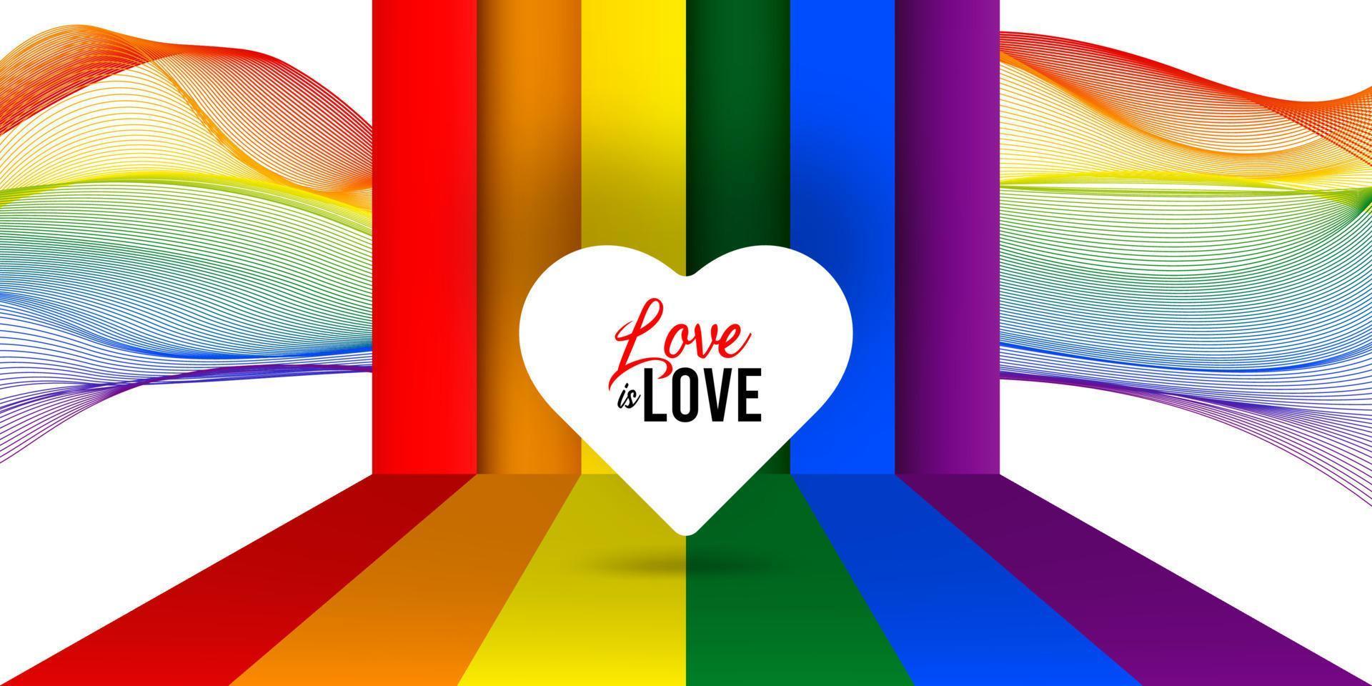 gelukkige trots liefde is liefde banner illustratie met wit hart op het regenboogpodium vector